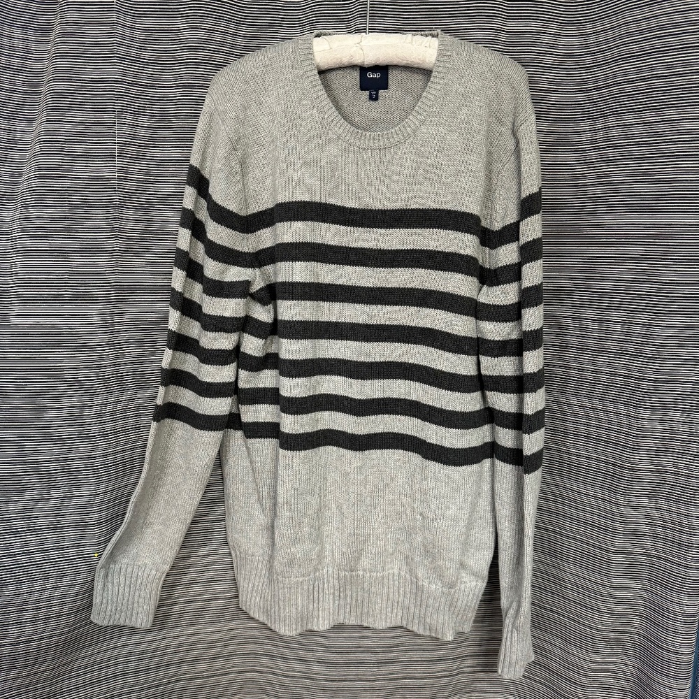 GAP Men’s Cotton Sweater Grey with Black Stripes Size XL